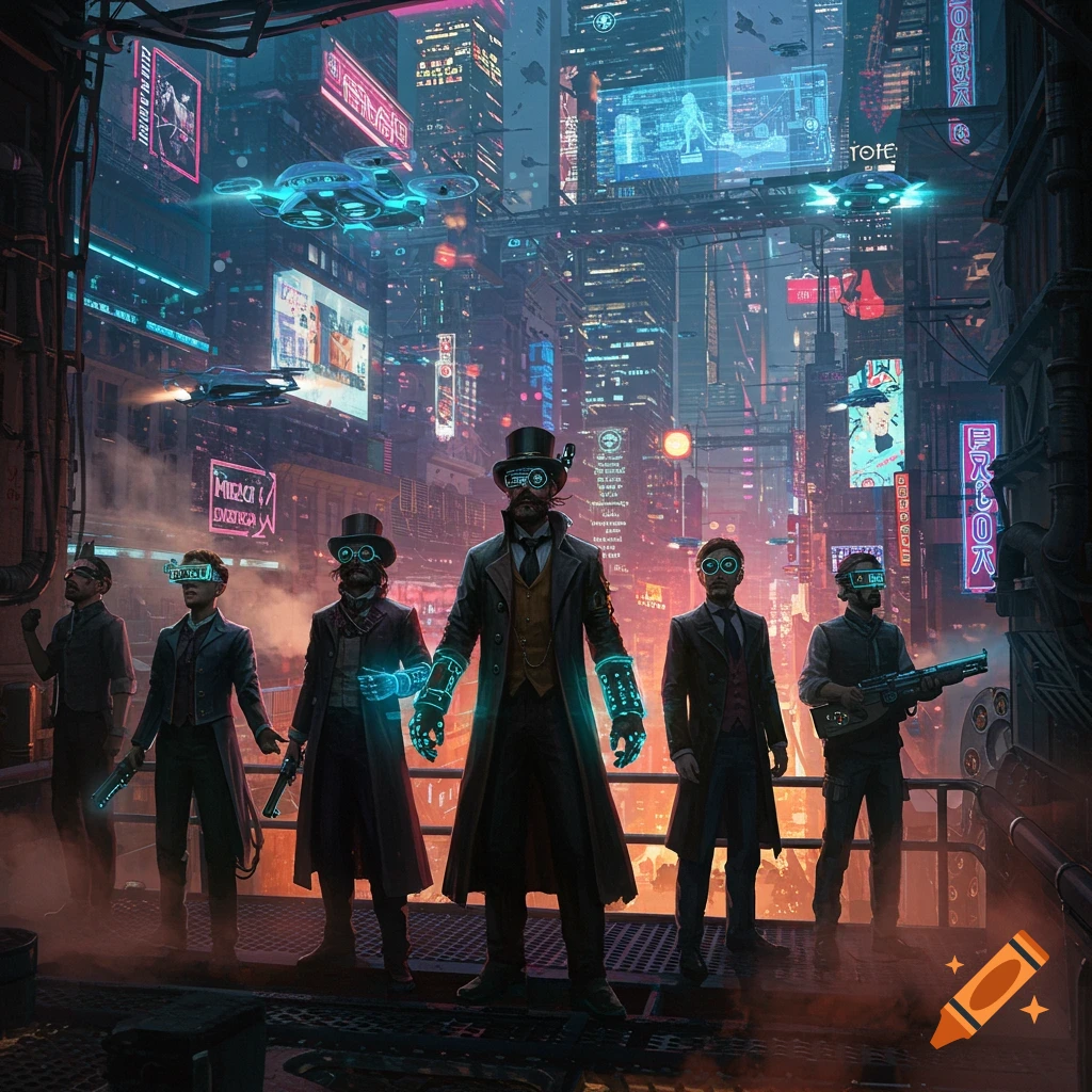 A group of steampunk-dressed figures with glowing goggles and gloves stand on a platform in a vibrant, neon-lit cyberpunk city at night, with flying vehicles.