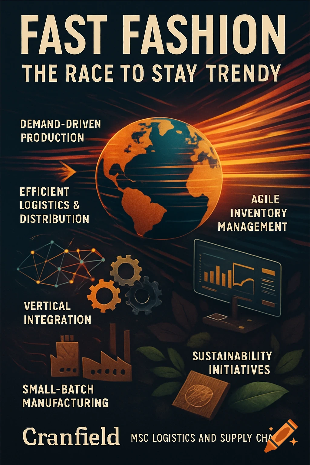 A poster titled 'FAST FASHION THE RACE TO STAY TRENDY' features a globe with rays, flanked by business and sustainability icons.