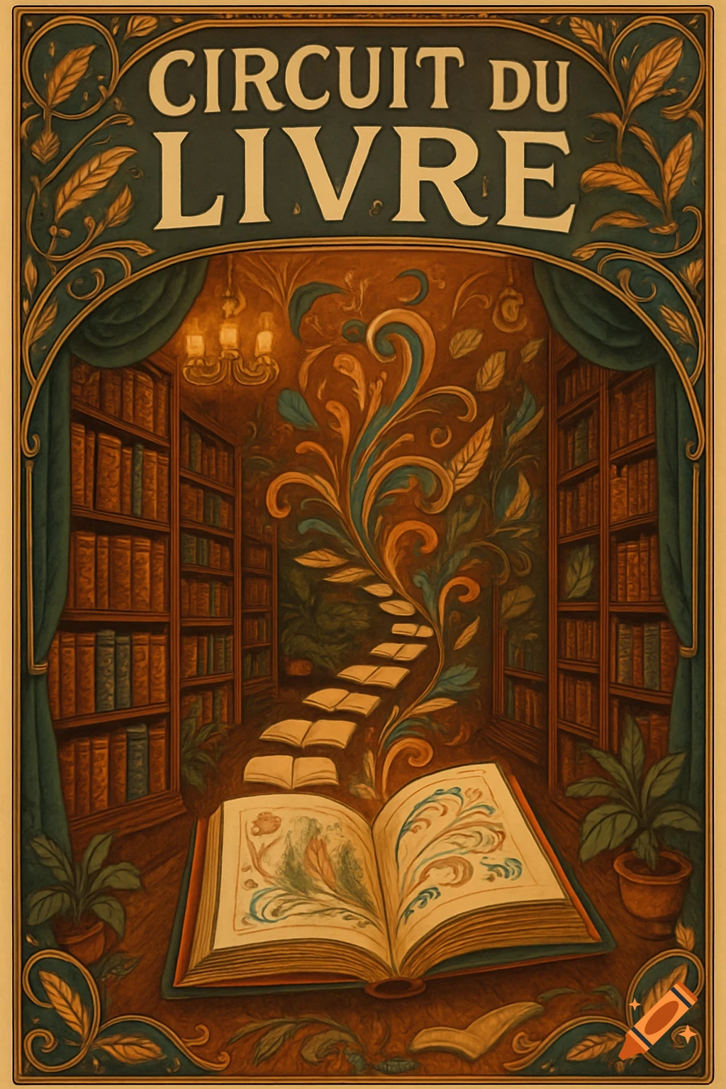 Ornate Art Nouveau vintage poster for "Circuit du Livre" showing an open book, bookshelves, and decorative vines.