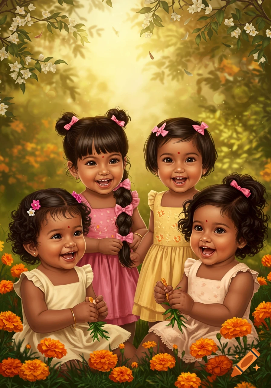 Four happy South Asian baby girls with varied hairstyles, smiling in a vibrant garden with orange marigolds.