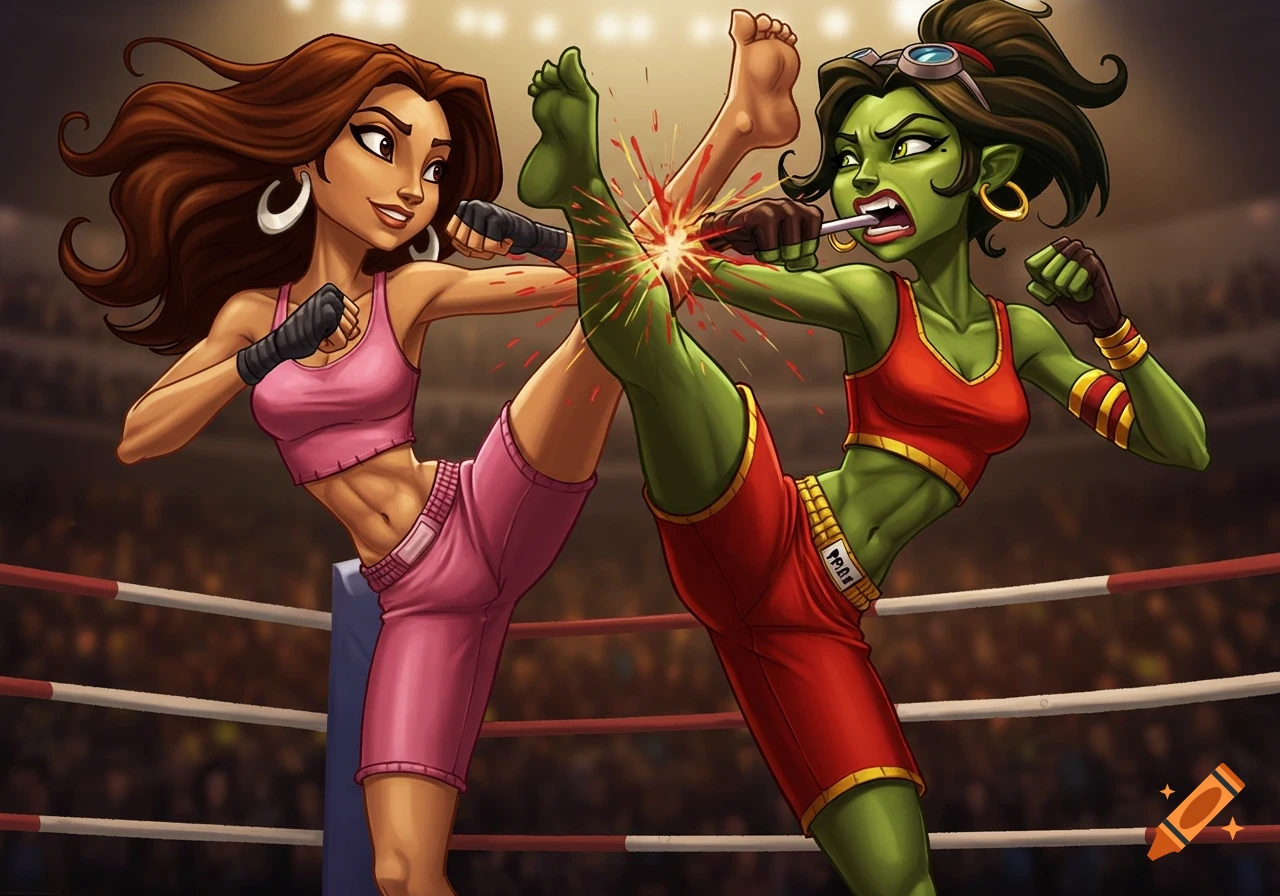 Two stylized cartoon women kickboxing. A woman with brown hair and pink sportswear kicks a green-skinned woman in red sportswear in the face, who spits out a mouthguard.