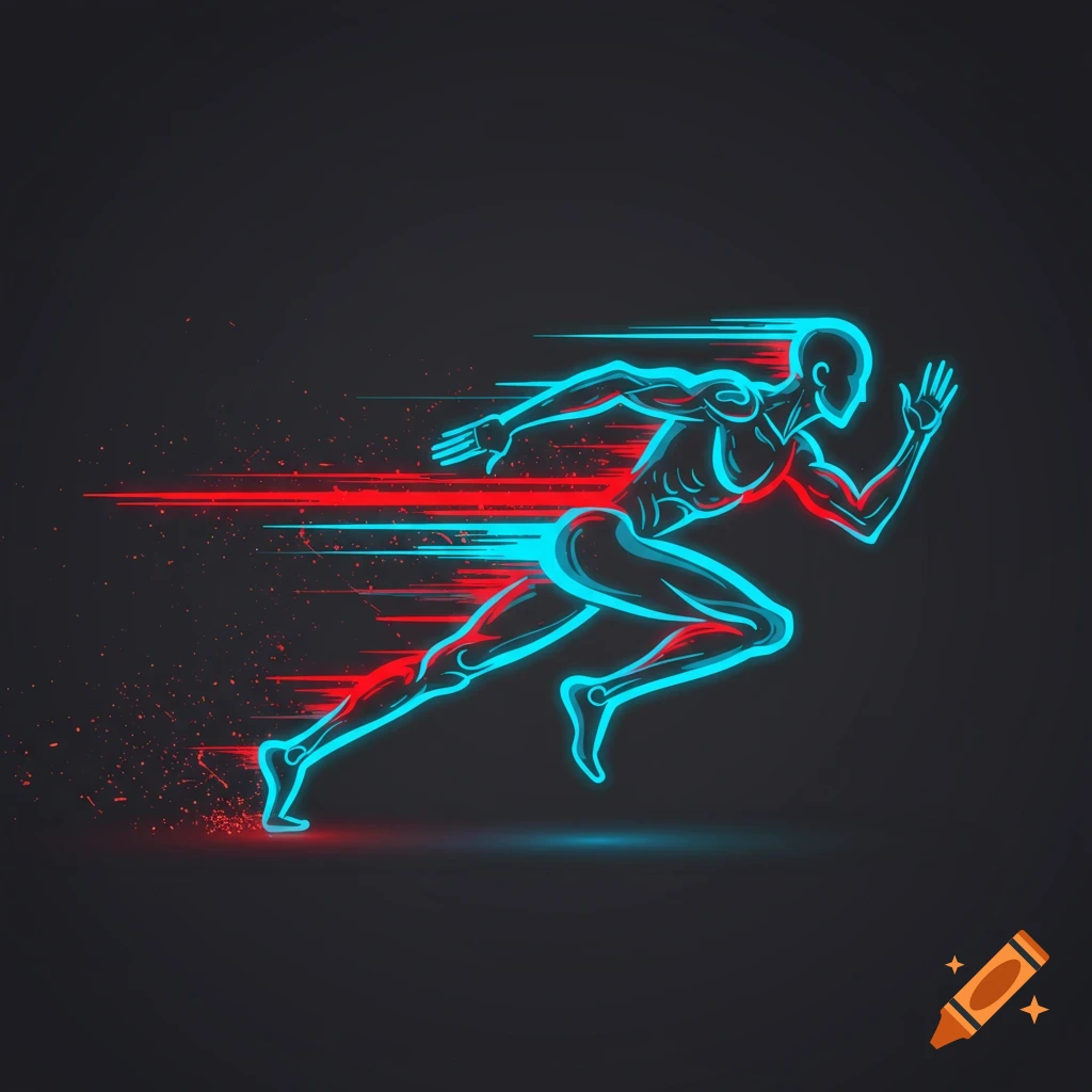 Stylized neon blue and red outline of a person sprinting against a dark background with motion lines.