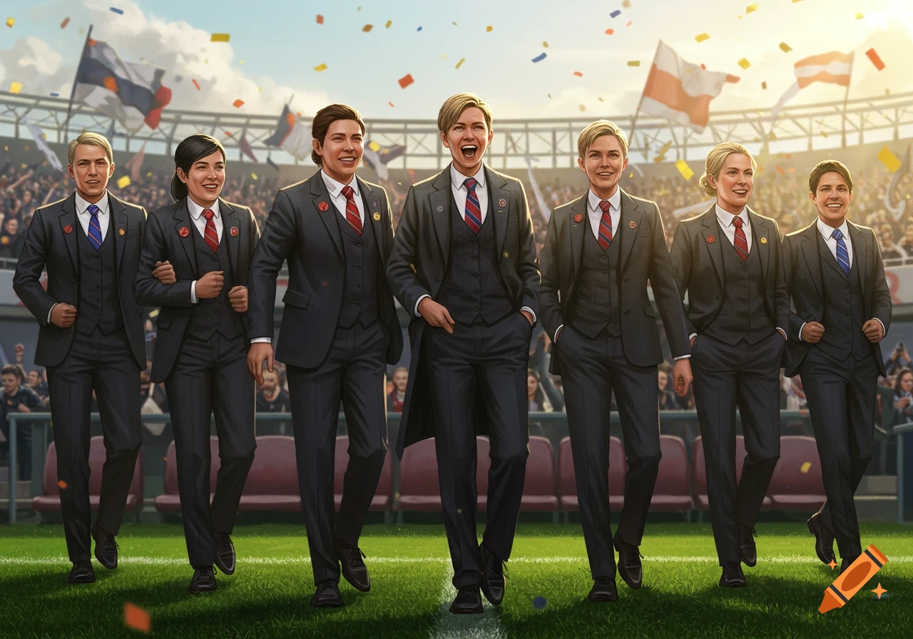 Happy women in dark suits walk across a soccer field with confetti falling, a stadium crowd in the background.