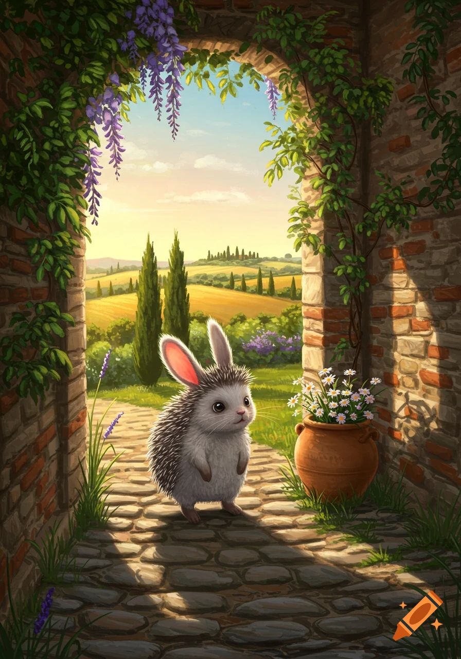 A cute hedgehog-bunny hybrid stands under a wisteria-draped brick archway, overlooking a sunny Tuscan landscape with cypress trees and fields, digital illustration.