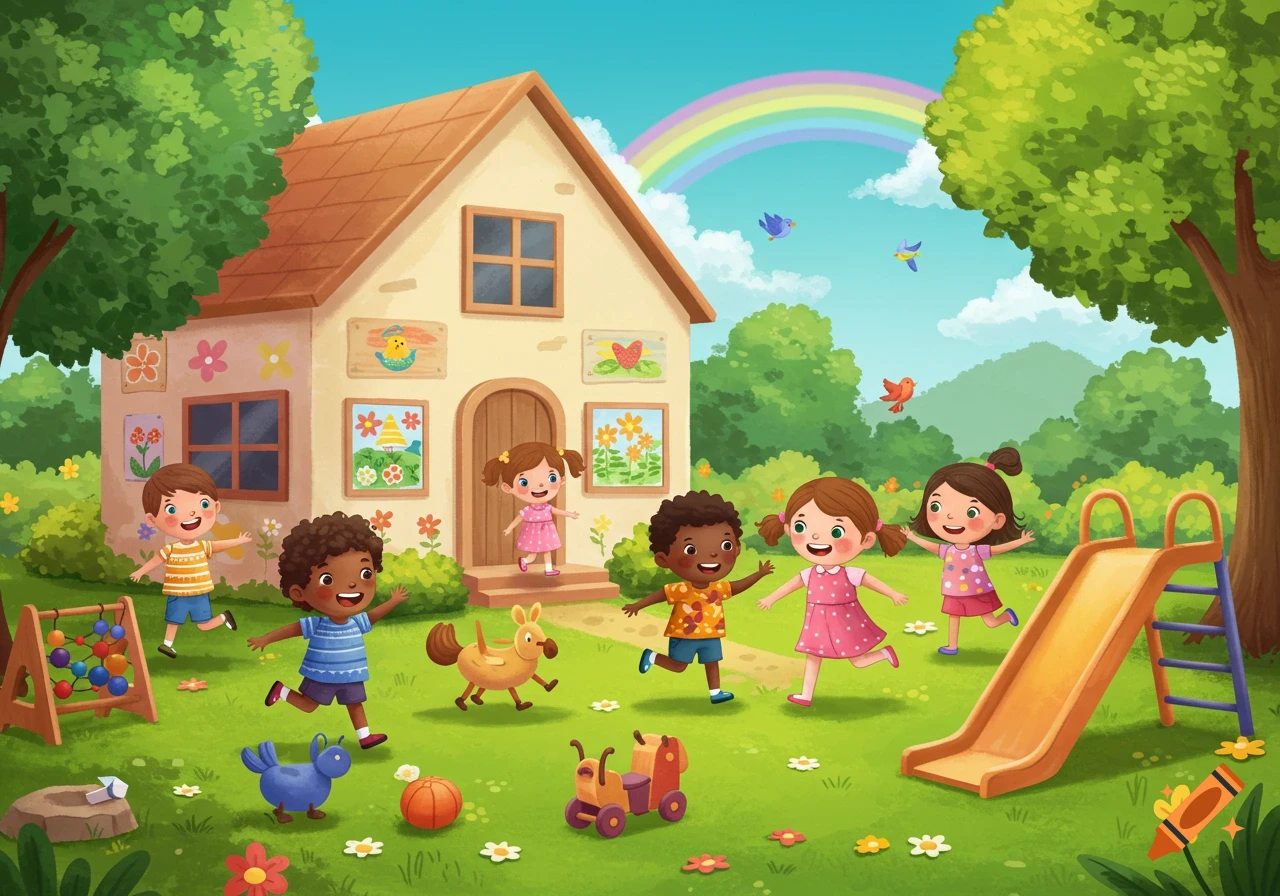 Cartoon illustration of diverse children playing in a sunny kindergarten yard with a house, slide, and toys under a rainbow.