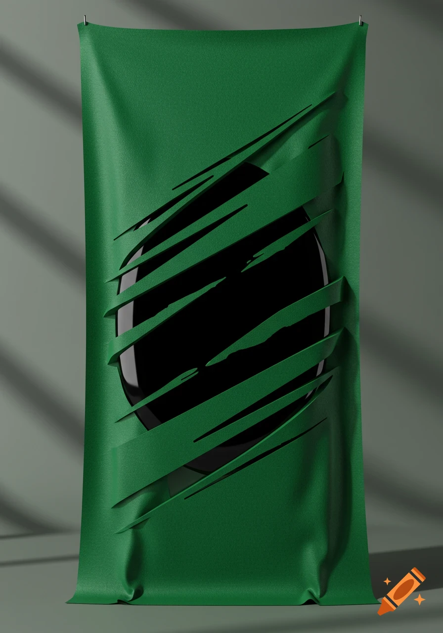 A dark green banner hangs vertically, ripped in jagged strips to reveal a glossy black oval behind it.