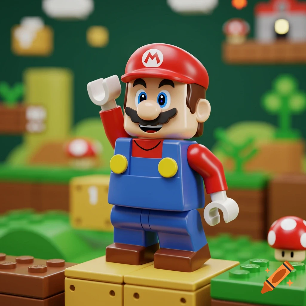 Lego Mario minifigure stands in a blocky Super Mario Bros. landscape, hand raised.