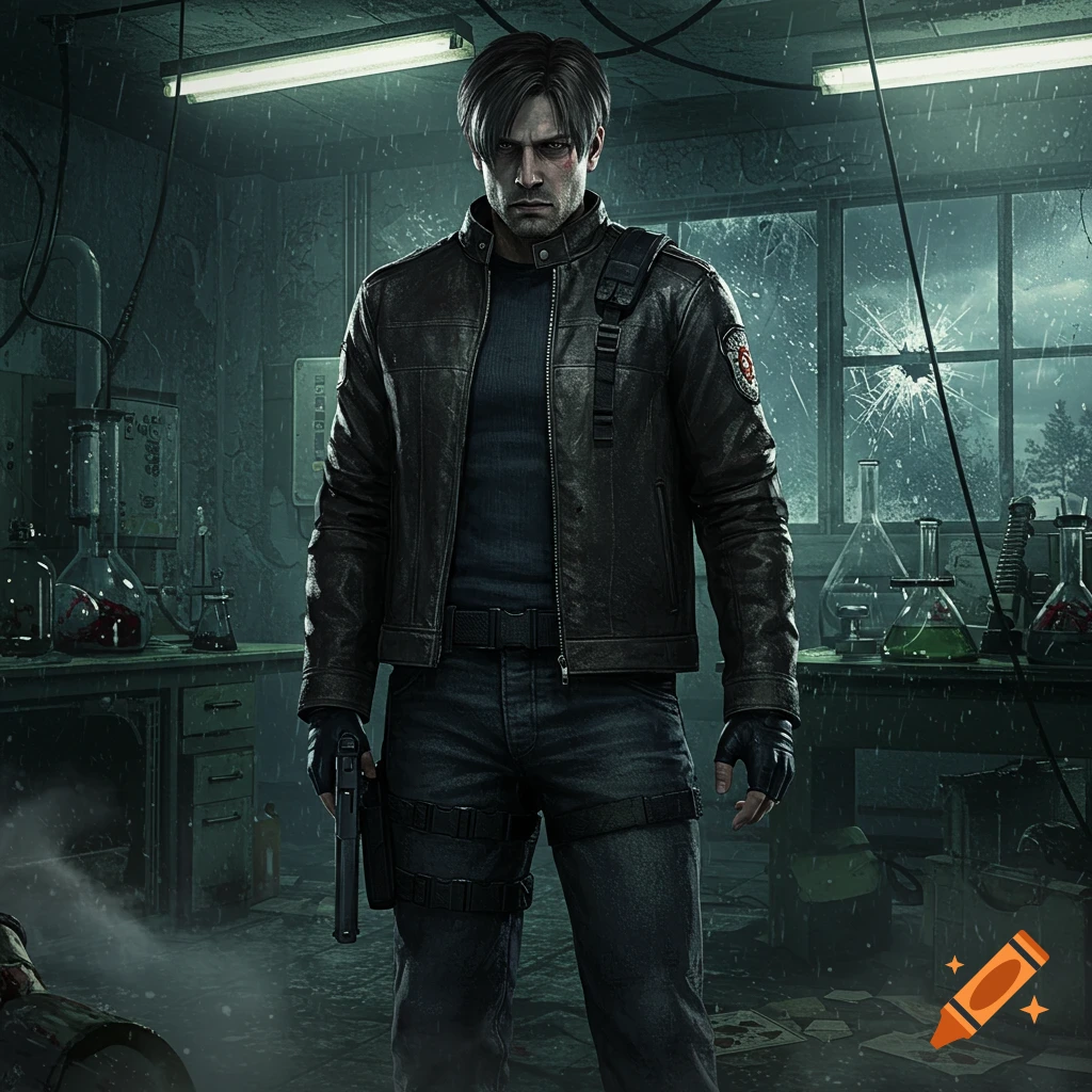 A man resembling Leon Kennedy from Resident Evil stands in a dark, dilapidated laboratory, holding a pistol. Rain falls outside a broken window.