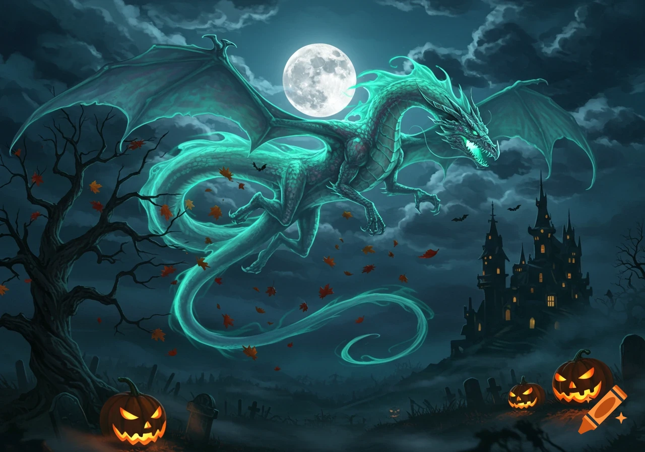 A glowing teal dragon flies over a spooky Halloween graveyard with carved pumpkins and a castle under a full moon.