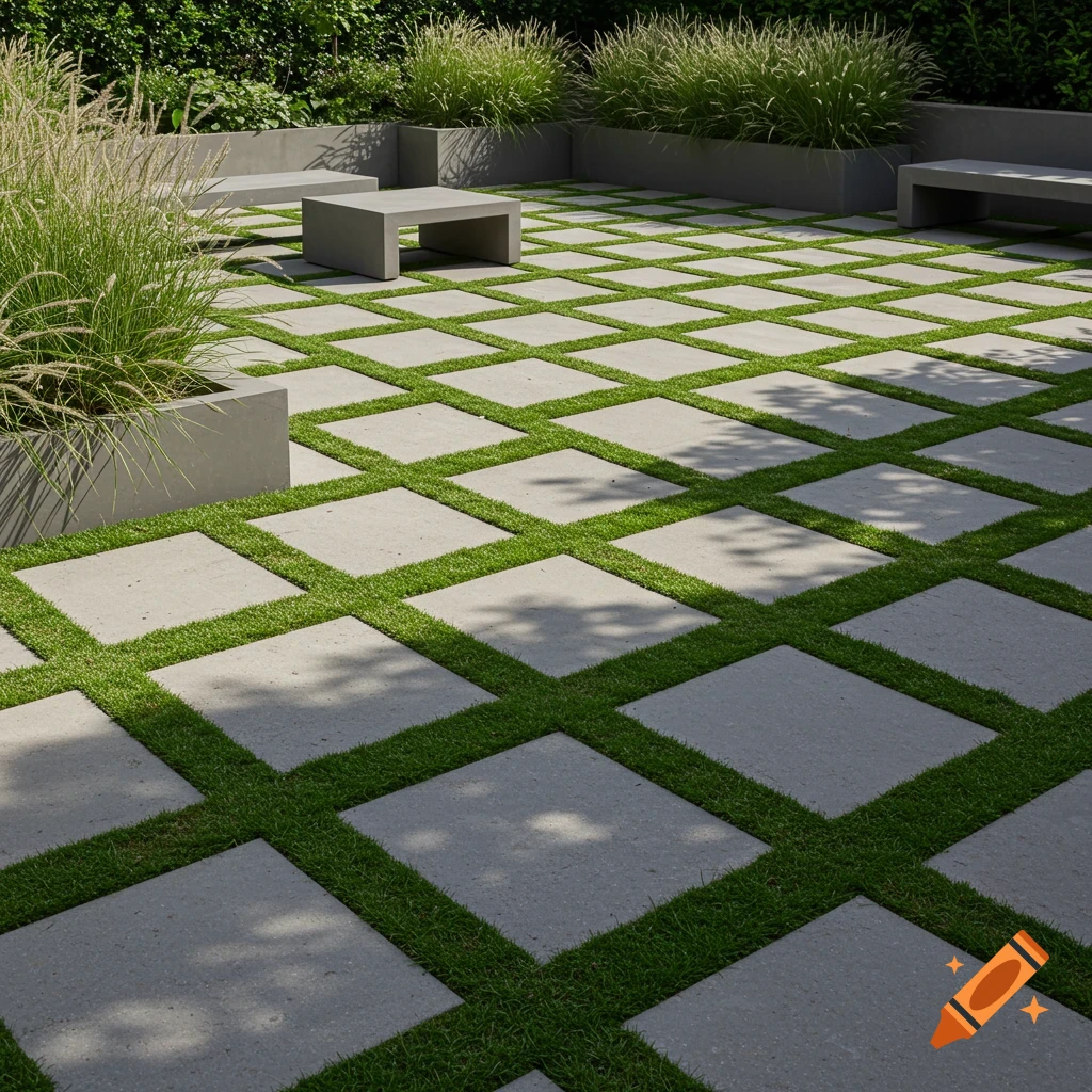 A minimalist backyard patio features square concrete slabs separated by strips of lush green grass, with modern planters and benches.