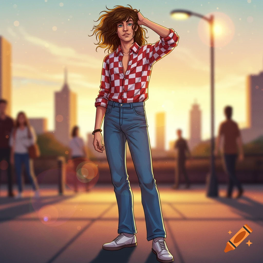 Anime-style young man with wavy brown hair in a red and white checkered shirt, blue jeans, and white shoes, standing on a sunny city street.