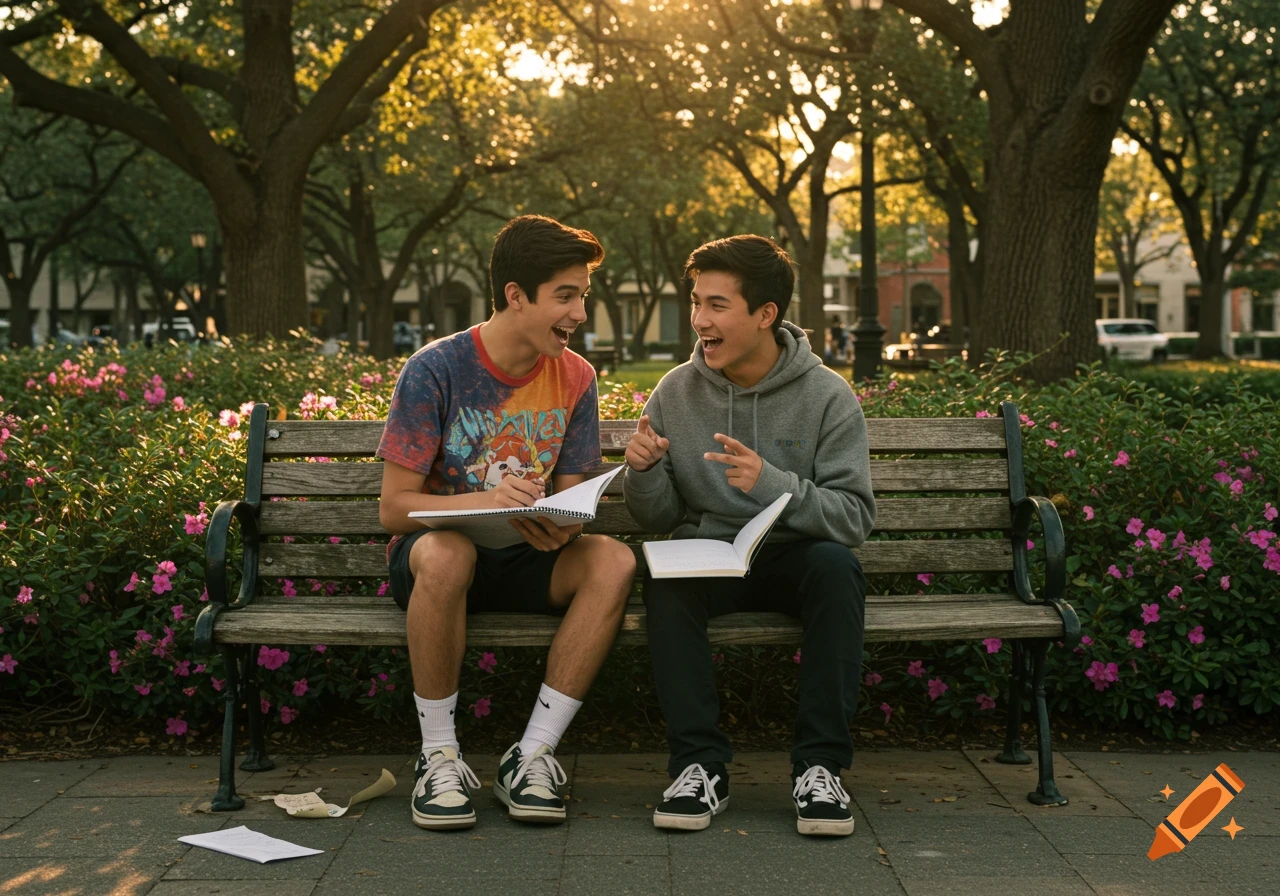 Two smiling young men sit on a park bench with notebooks, talking and laughing, surrounded by green trees and pink flowers in sunlight.