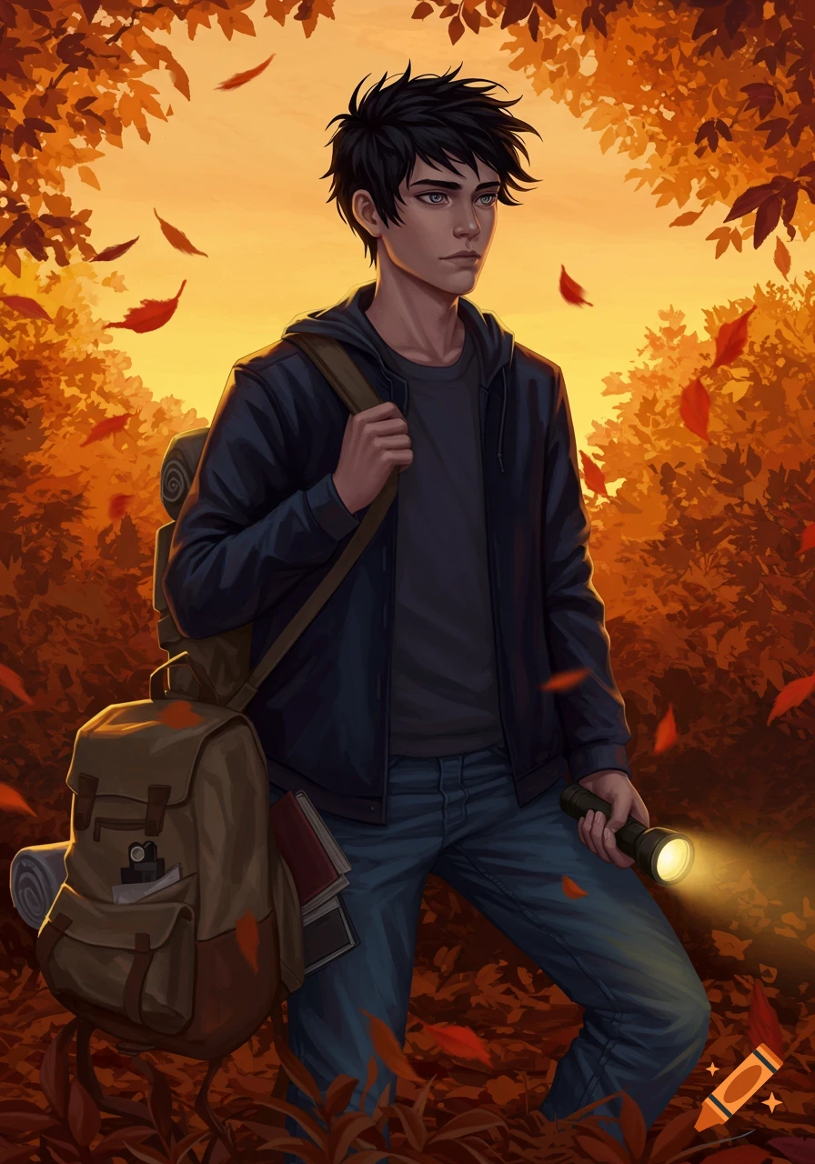 Digital art of a young man with a backpack and flashlight walking through an autumn forest at sunset.