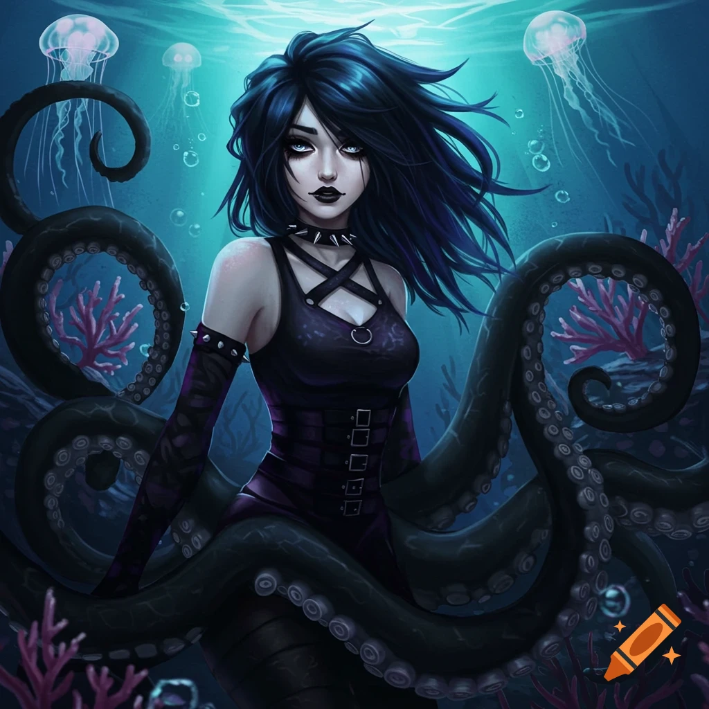 An emo cecaelia girl with black hair and tentacles, wearing a dark dress, in an underwater scene with jellyfish.