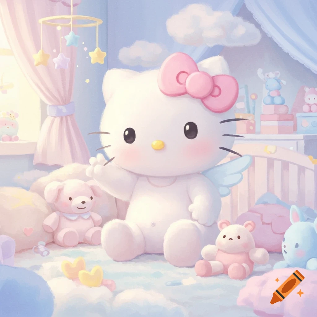 Baby Hello Kitty with angel wings sits in a pastel nursery among clouds and plush toys.