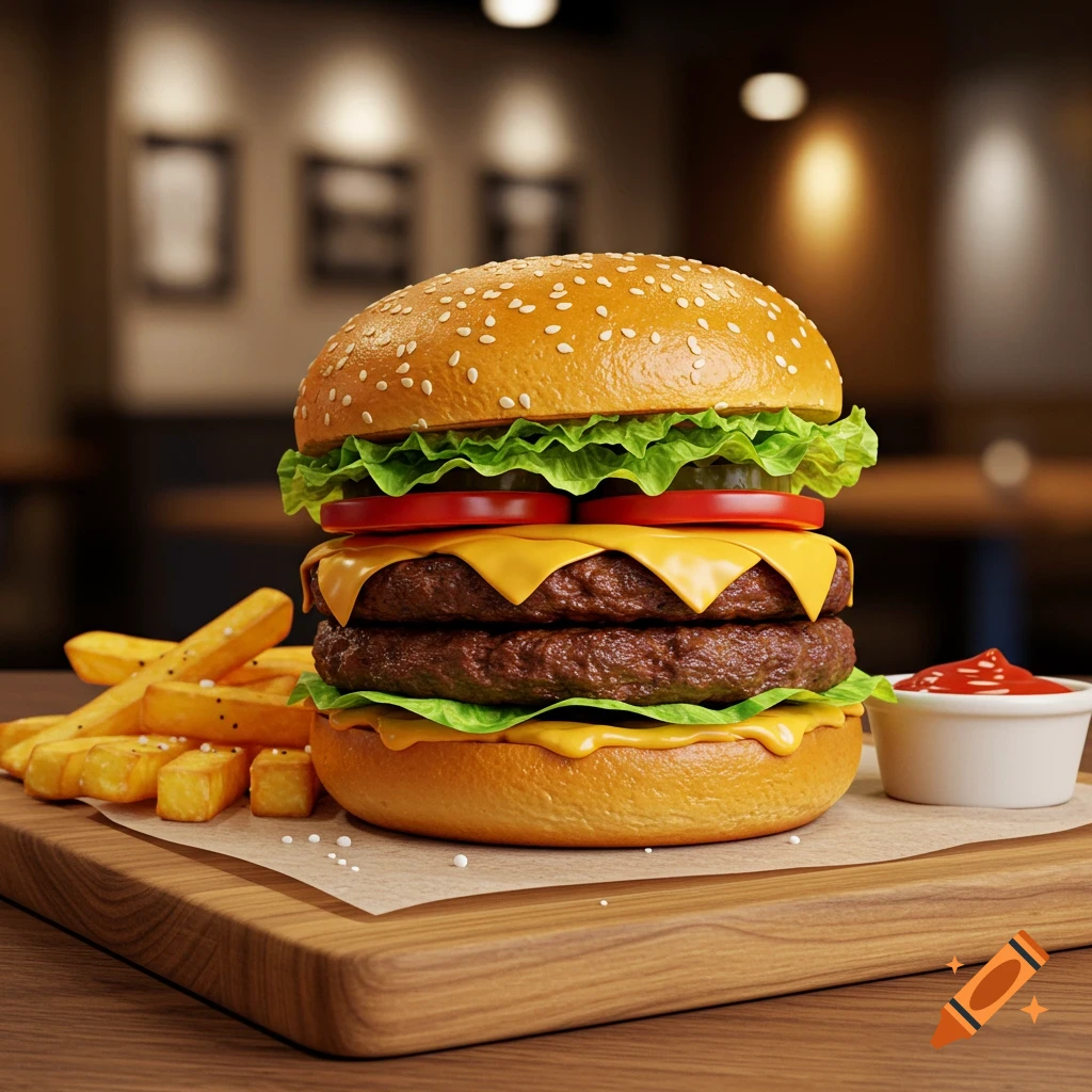 A photorealistic double cheeseburger with lettuce, tomato, and cheese, served with golden fries and ketchup on a wooden board.