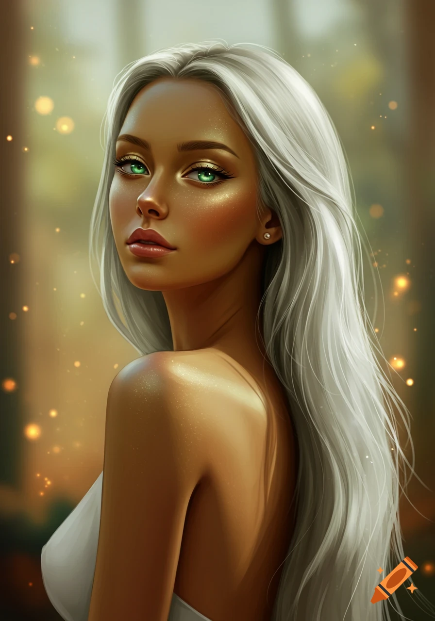 Digital painting of a woman with long silver hair, green eyes, glowing skin, and bare shoulders.
