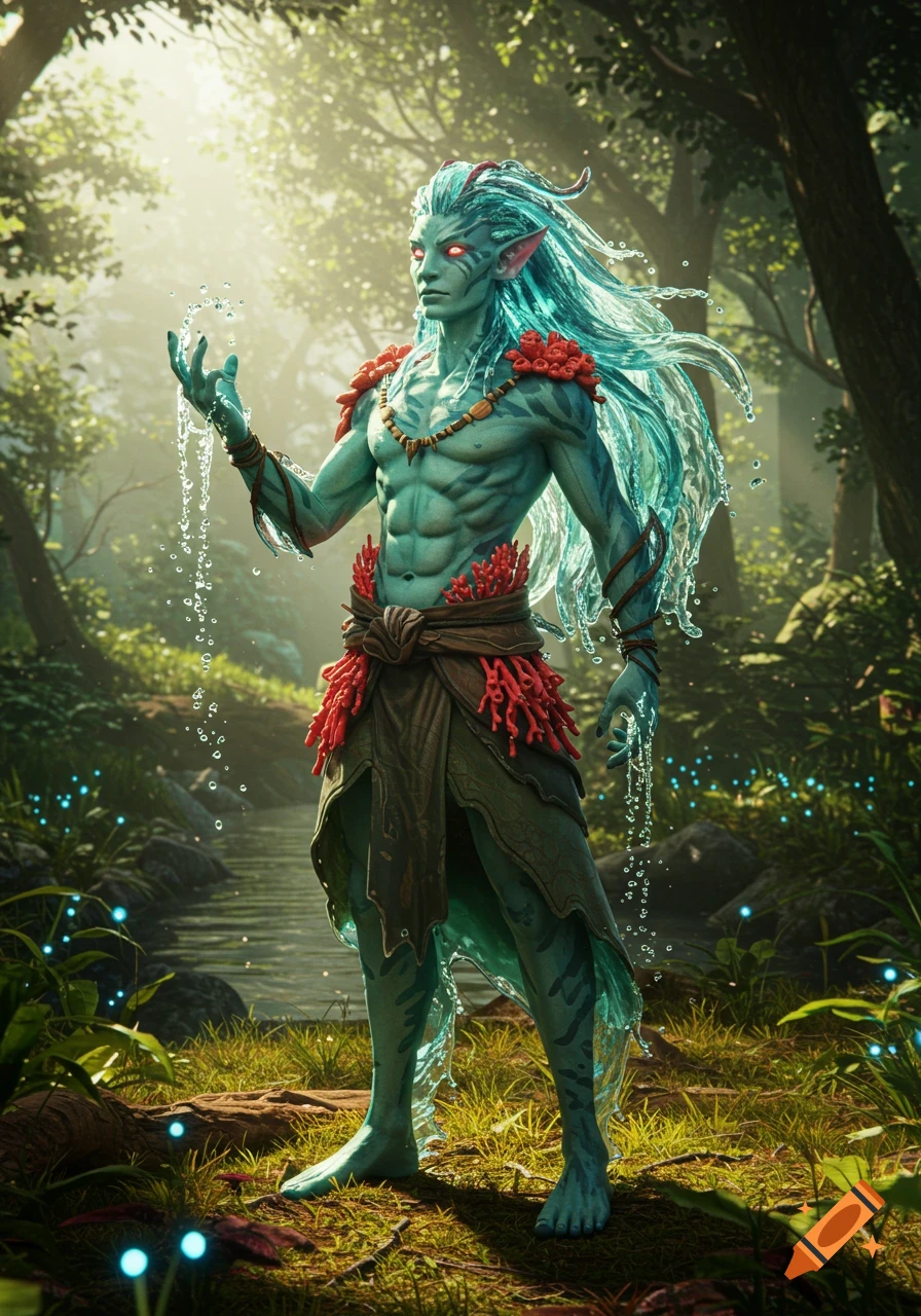 A tall, seafoam green water genasi druid with flowing water hair and coral accents, stands in a mystical forest clearing.