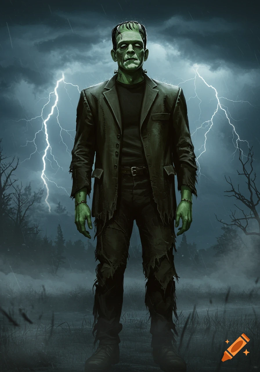 A full-body illustration of Frankenstein's monster standing in a dark, stormy landscape with lightning.