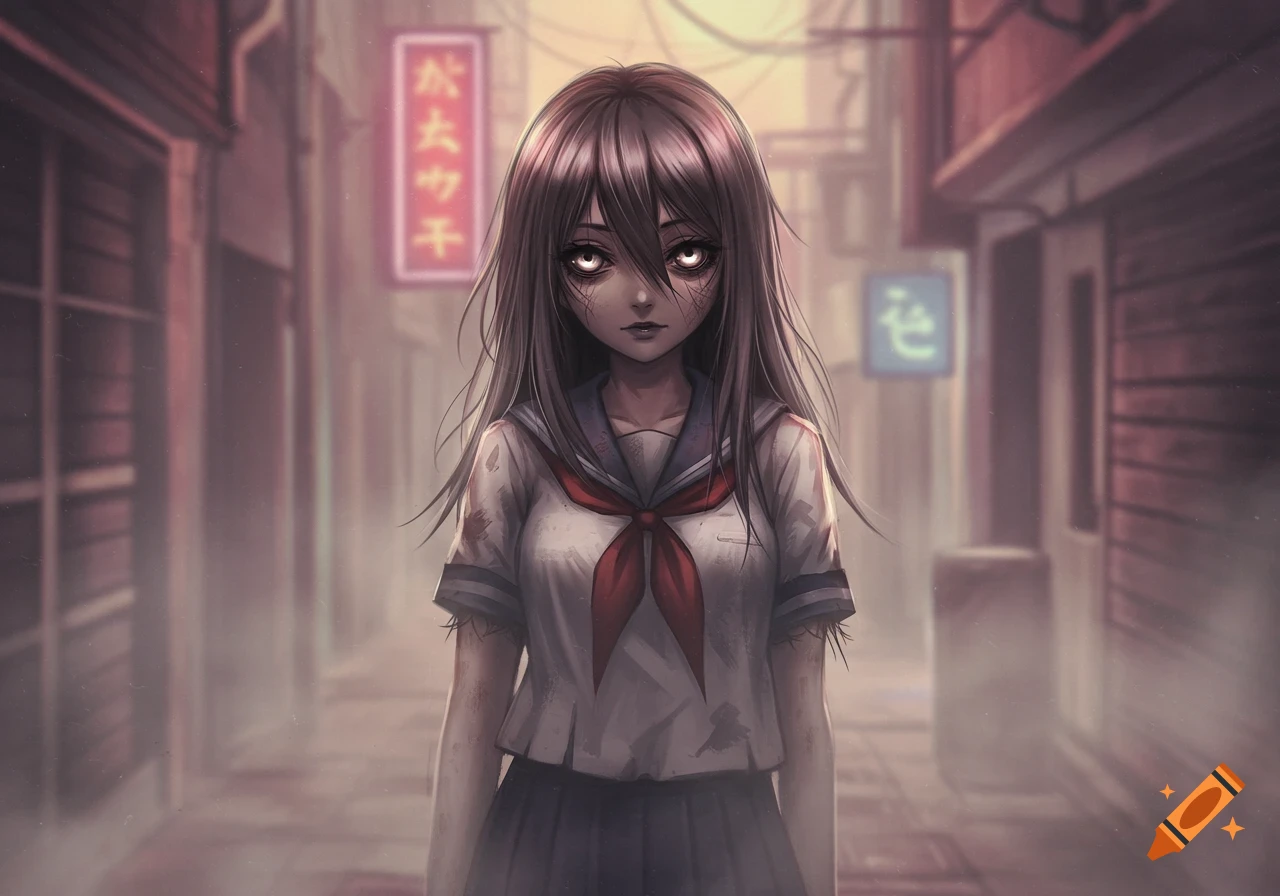 An eerie anime girl with glowing eyes and cracked skin in a dirty school uniform stands in a dark alley with neon signs, depicted in a blurred, stylized way.