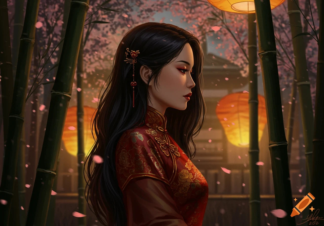 Digital painting of an Asian woman in a red traditional dress, surrounded by bamboo, falling cherry blossoms, and glowing lanterns.