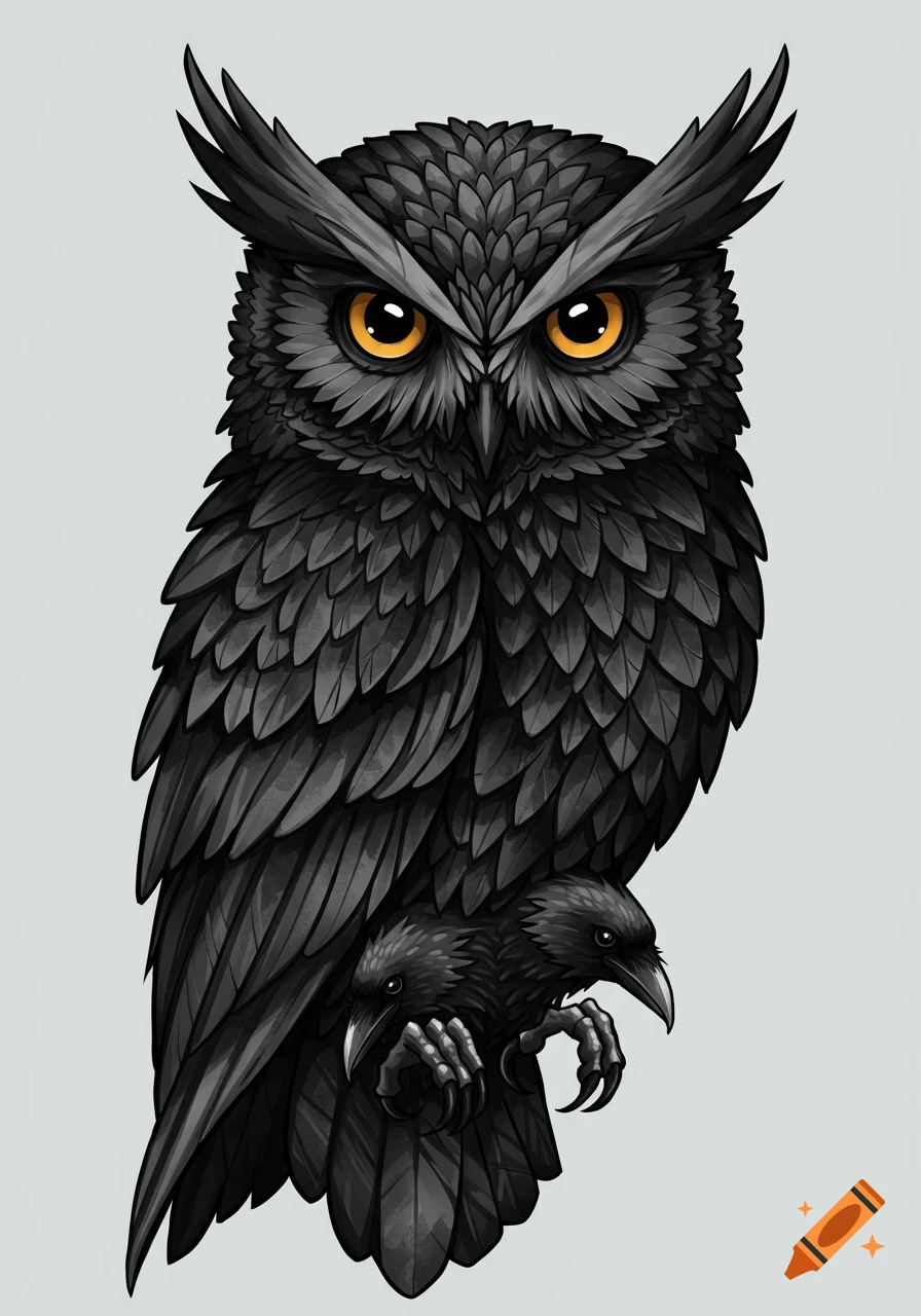 A stylized dark gray owl with orange eyes, formed from numerous crow figures, in a tattoo art style on a light gray background.