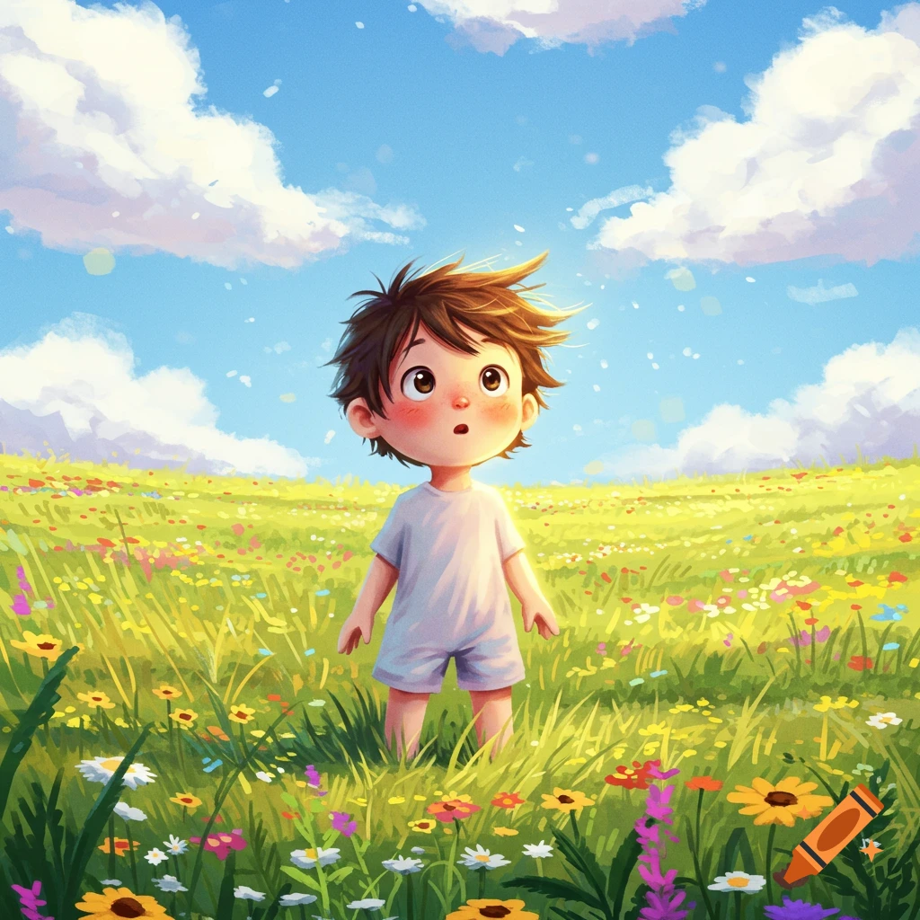 A cute, wide-eyed cartoon boy with messy brown hair stands in a vibrant field of colorful wildflowers under a sunny blue sky.