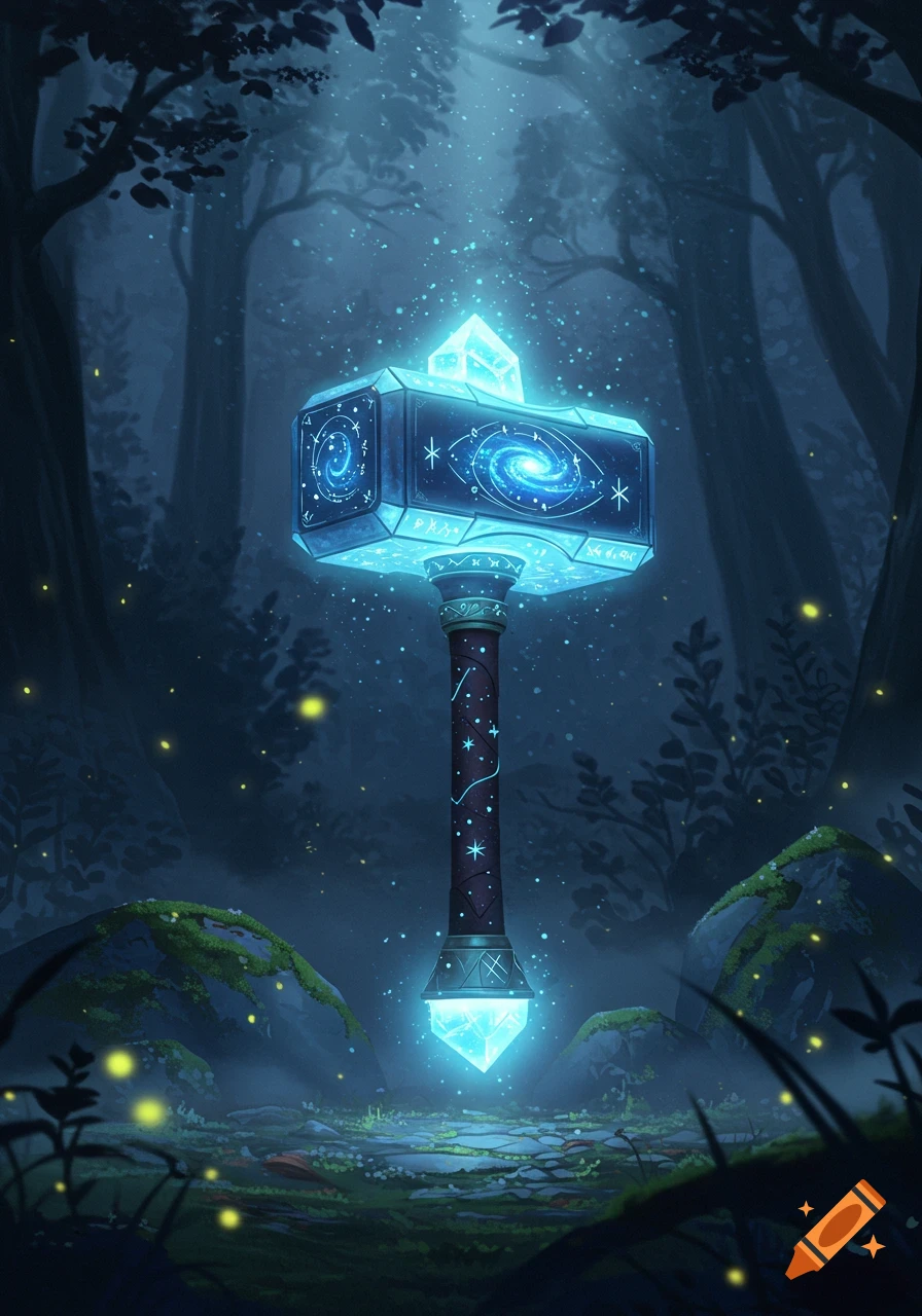 A glowing blue magical hammer with cosmic designs in a dark, ethereal forest, surrounded by floating particles and fireflies.