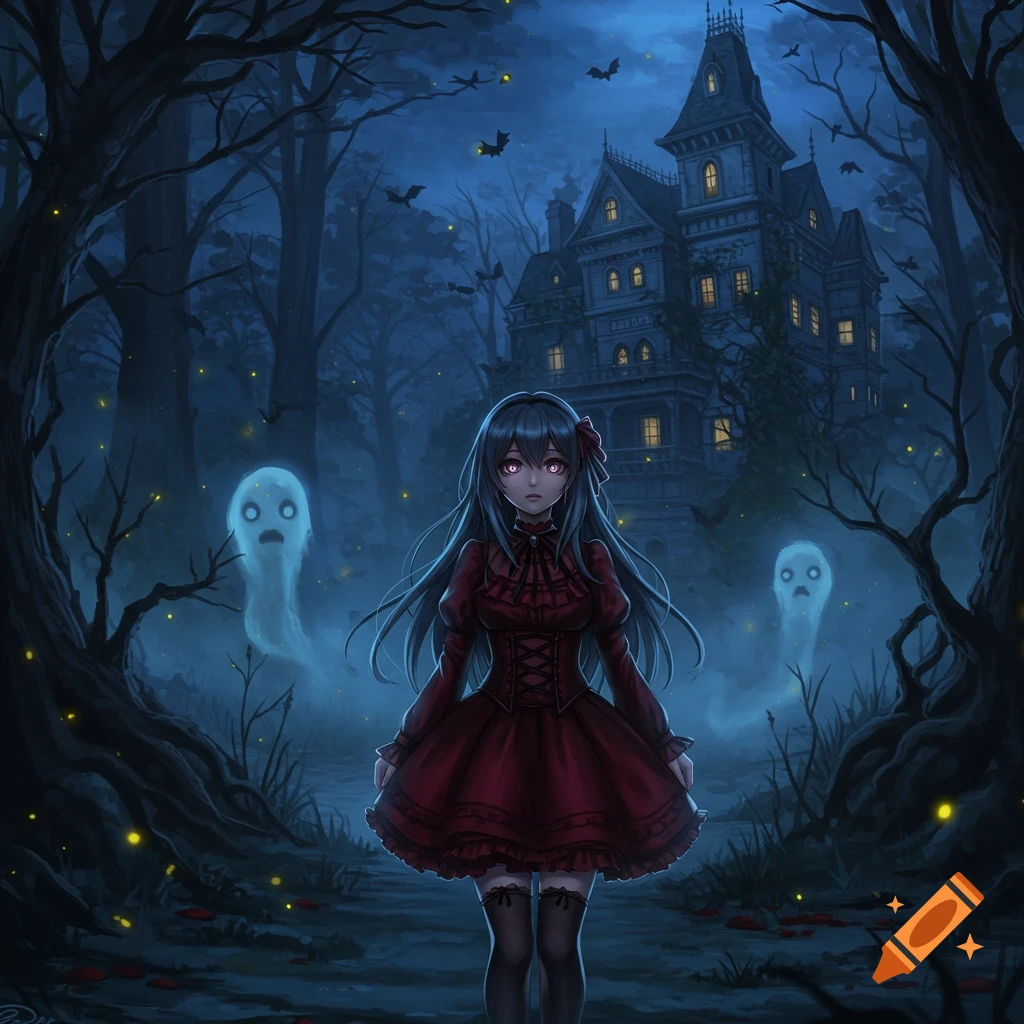 An anime girl in a red dress stands in a dark, spooky forest with a haunted mansion and two white ghosts in the background.