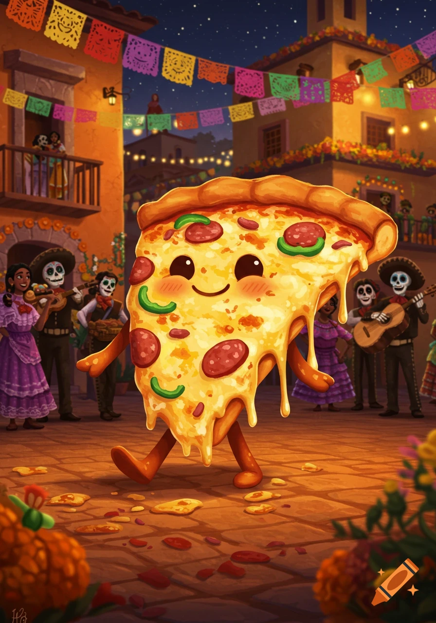 A happy cartoon pizza slice with pepperoni and green peppers walks on a festive Mexican street at night with papel picado and musicians in Day of the Dead attire.