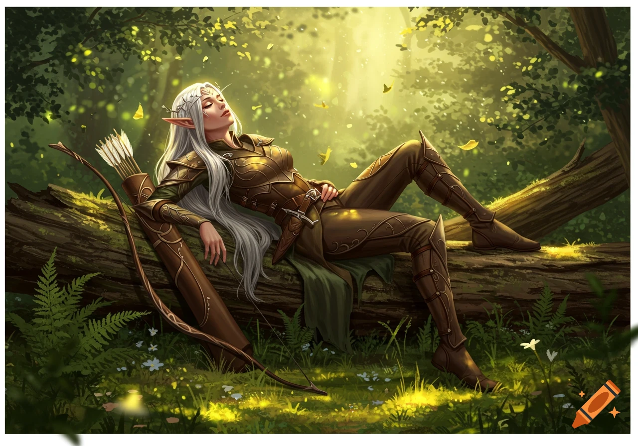 A female elf hunter with white hair and brown armor rests on a log in a sun-dappled forest, a bow and quiver beside her.