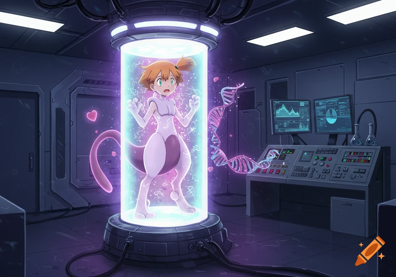 Misty from Pokemon transforms into Mewtwo inside a glowing glass container in a futuristic laboratory with scientific equipment.