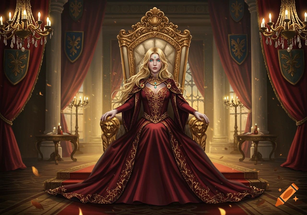 A blonde queen with blue eyes sits regally on an ornate golden throne in a grand hall, wearing a long red and gold gown.