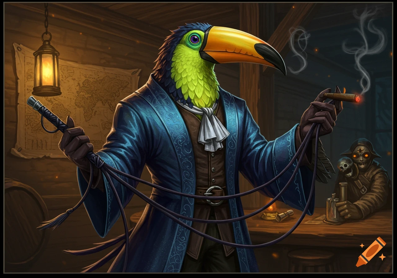 A humanoid toucan in a blue robe holds a whip and a lit cigar in a dimly lit tavern, with a map and a shadowy figure in the background.