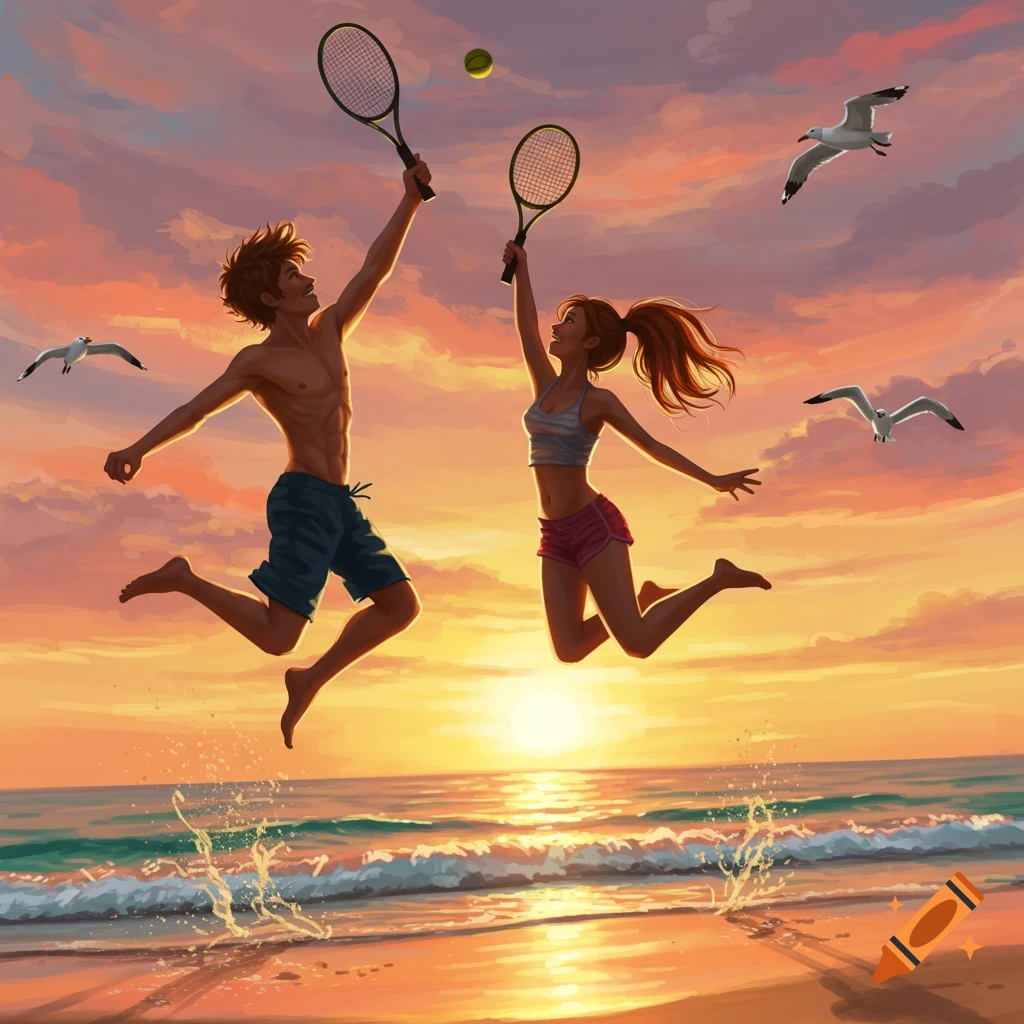 A man and a woman jump to hit a tennis ball on a beach at sunset, with seagulls flying above in a painterly style.
