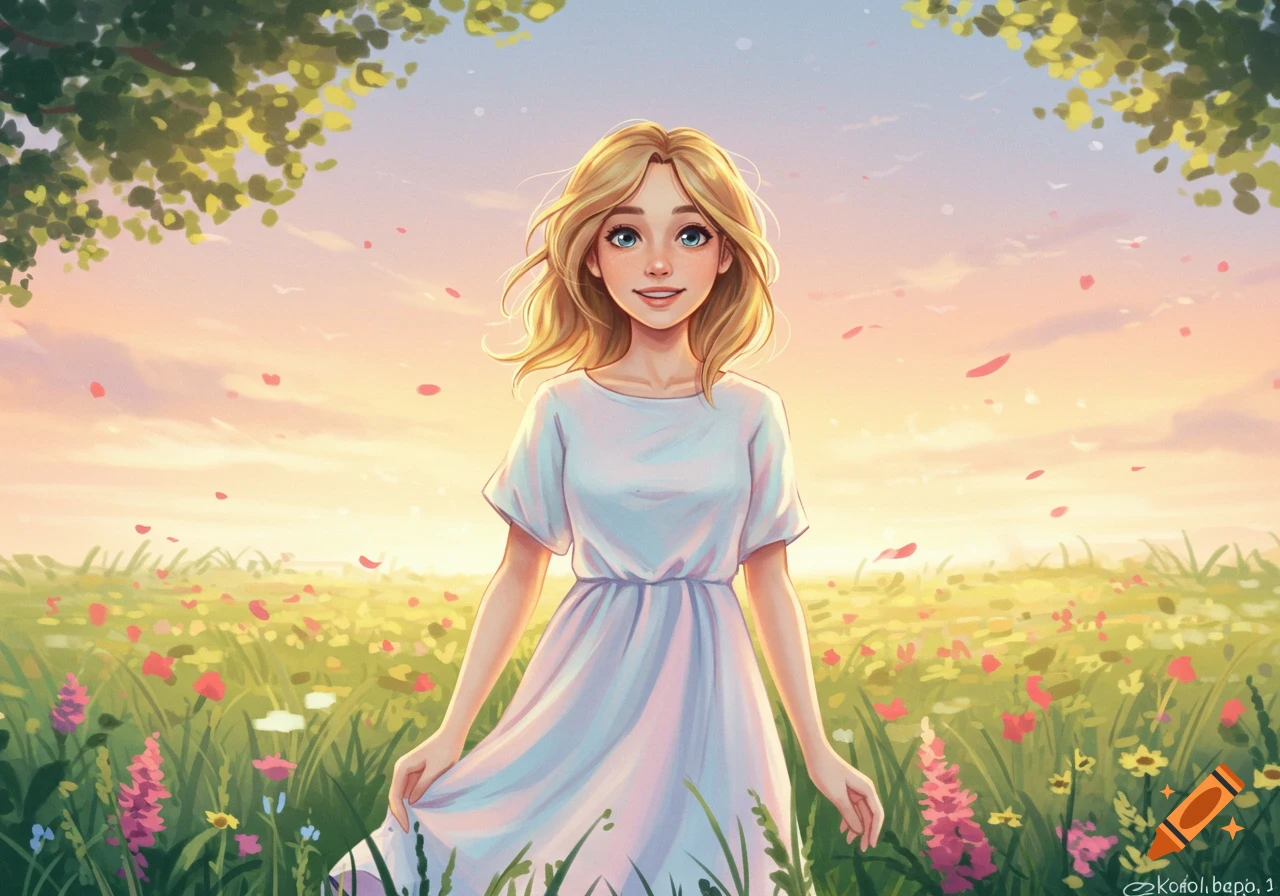 A smiling blonde woman in a white dress stands in a vibrant flower field under a soft sunset sky, with green trees overhead.