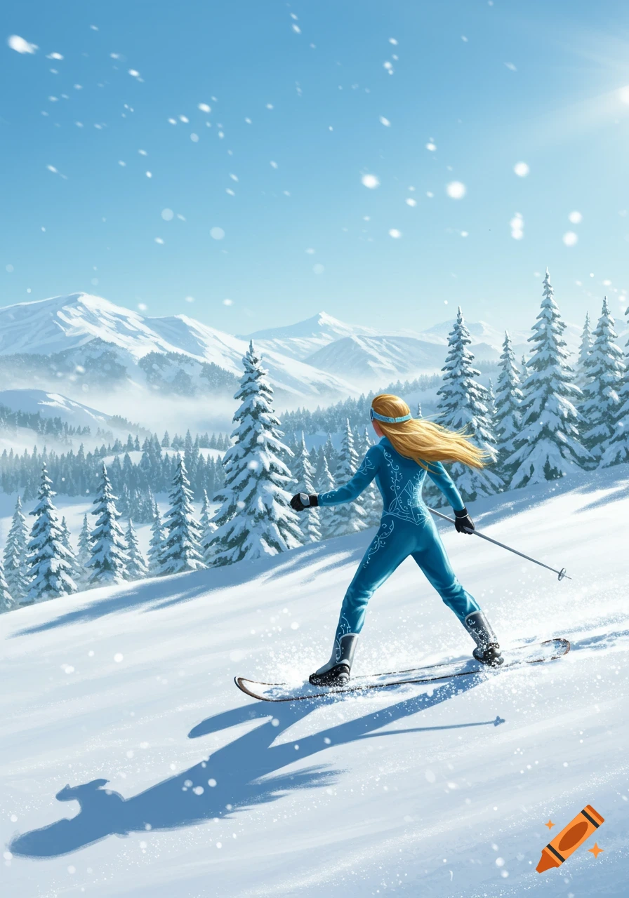 A blonde woman in a blue ski suit skis down a snowy mountain. Pine trees and snow-capped peaks are in the background under a blue sky.