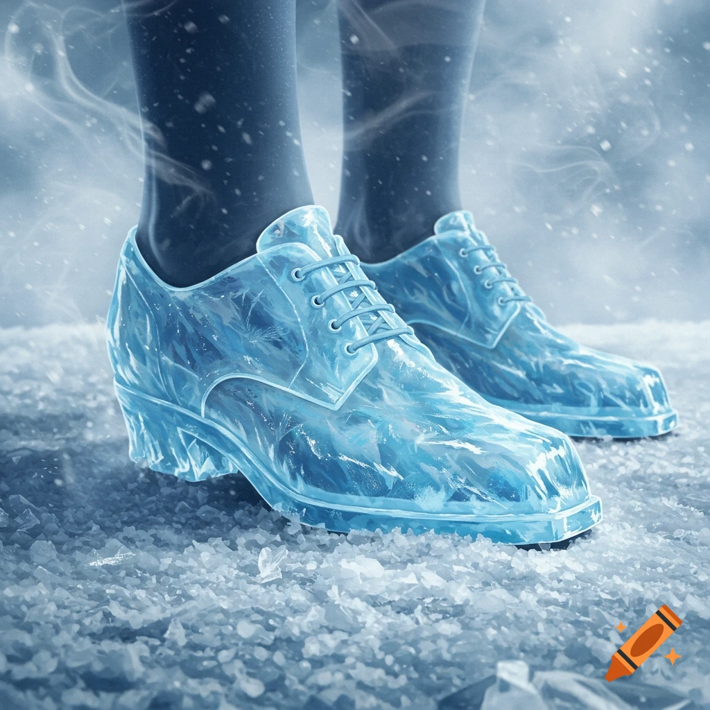 Close-up of human legs and feet wearing highly detailed ice shoes, standing on a snowy, icy surface with cold vapor rising.