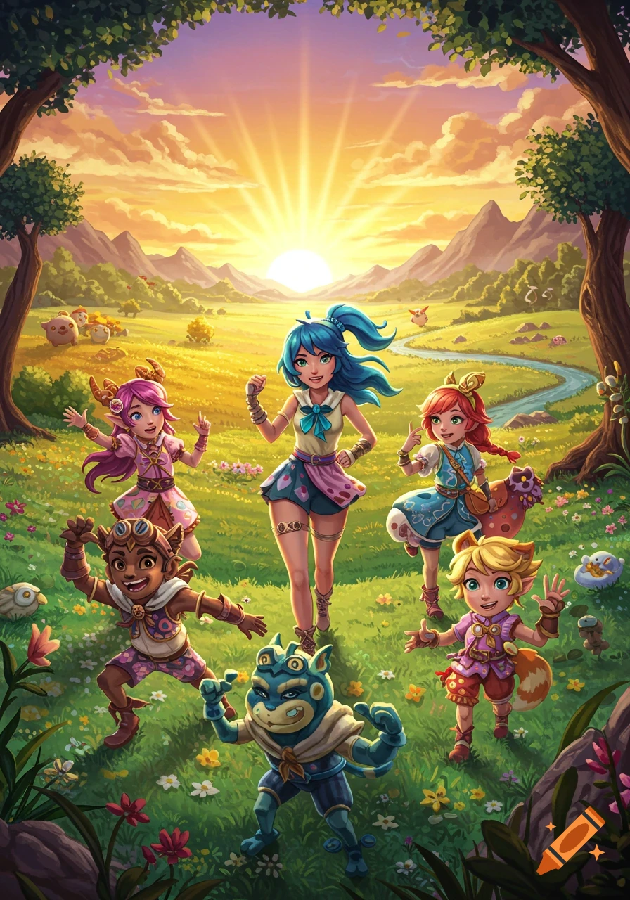 A group of diverse cartoon characters and creatures smile and play in a vibrant, sunny fantasy landscape with mountains and a river.