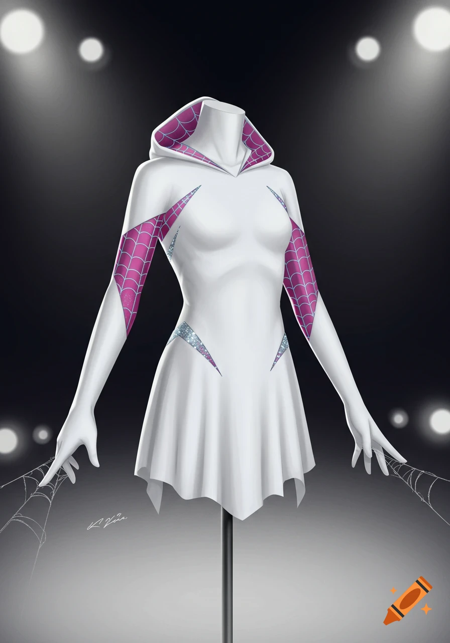 A white Spider-Gwen inspired skating costume dress with pink web patterns and glitter accents, displayed on a headless mannequin against a dark background.