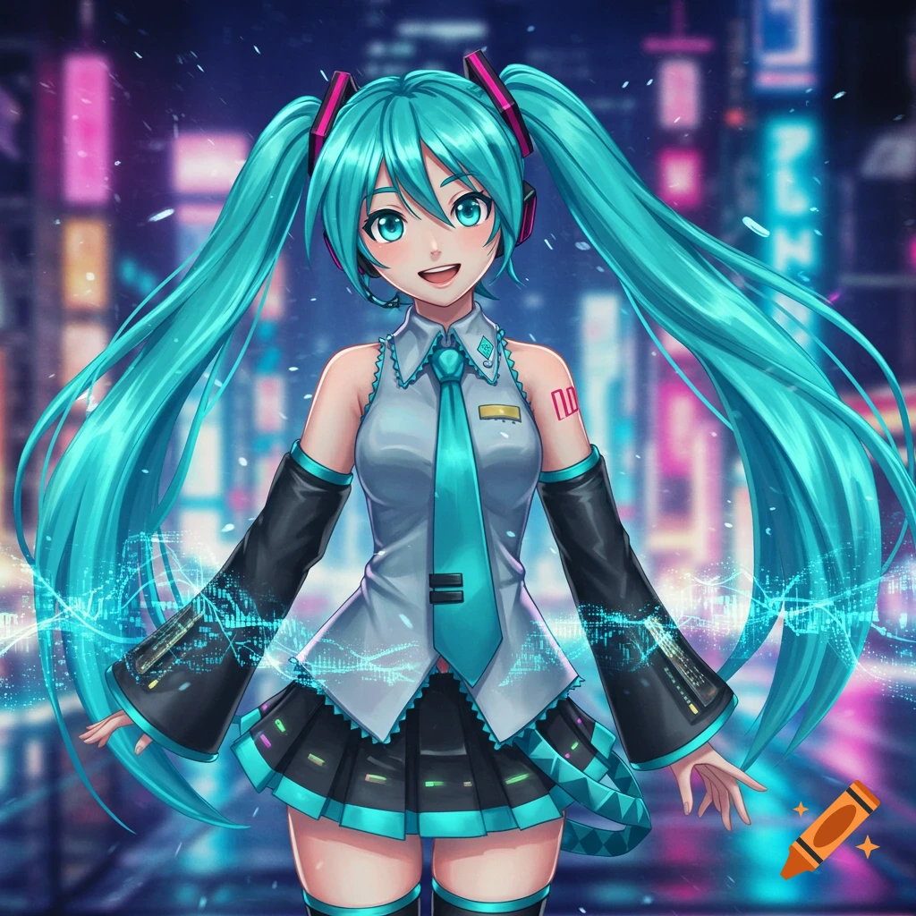 Hatsune Miku, an anime character with long turquoise pigtails, smiles brightly in a neon-lit city at night with digital wave effects.
