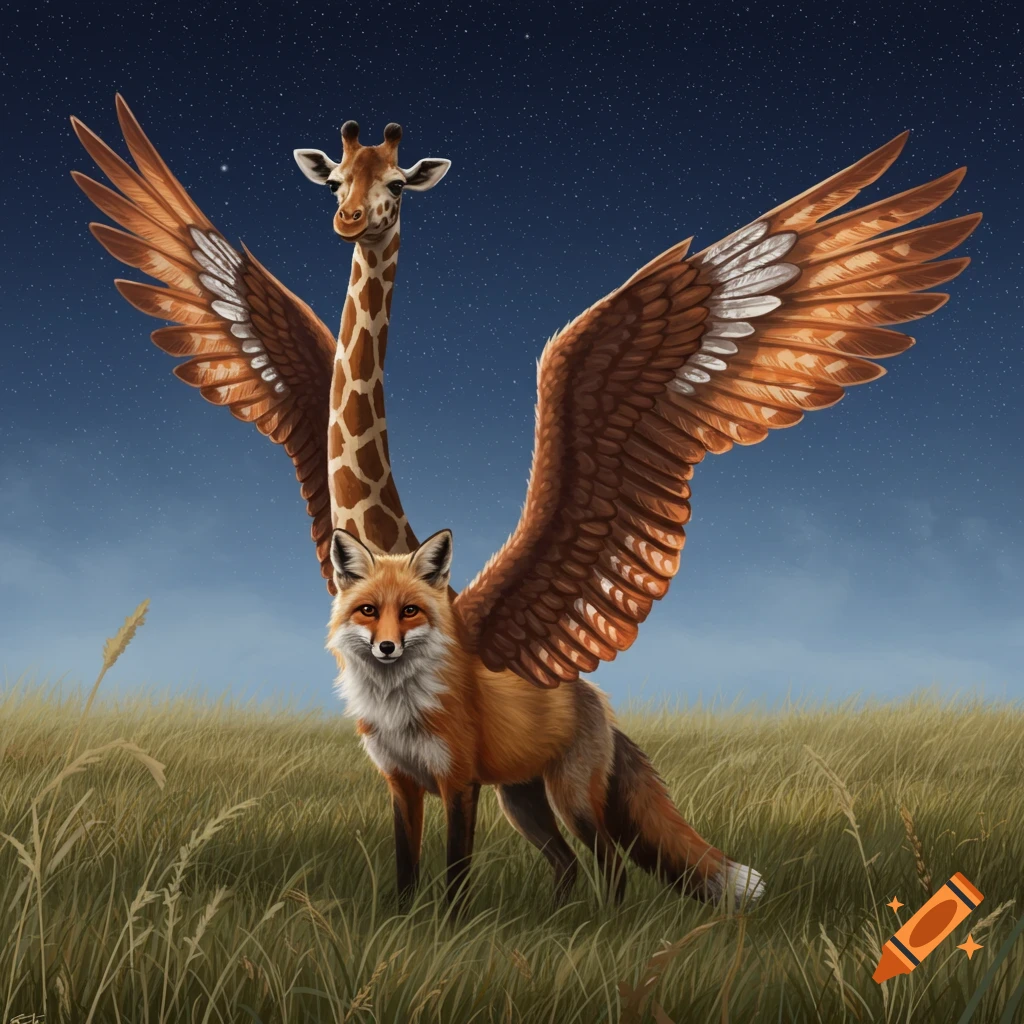 Fantasy creature with a fox body, giraffe neck and head, and eagle wings stands in a grassy field under a starry night.