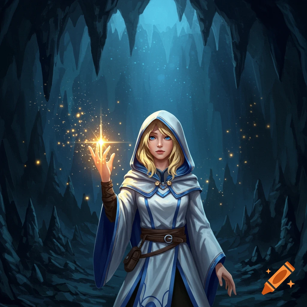 A blonde woman in a white and blue hooded robe casts a magical light from her hand in a dark cave, fantasy art.