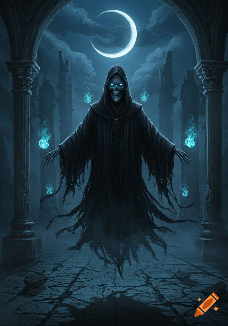 A hooded skeletal figure with glowing eyes stands under a crescent moon in gothic ruins, surrounded by blue flames, dark fantasy art.