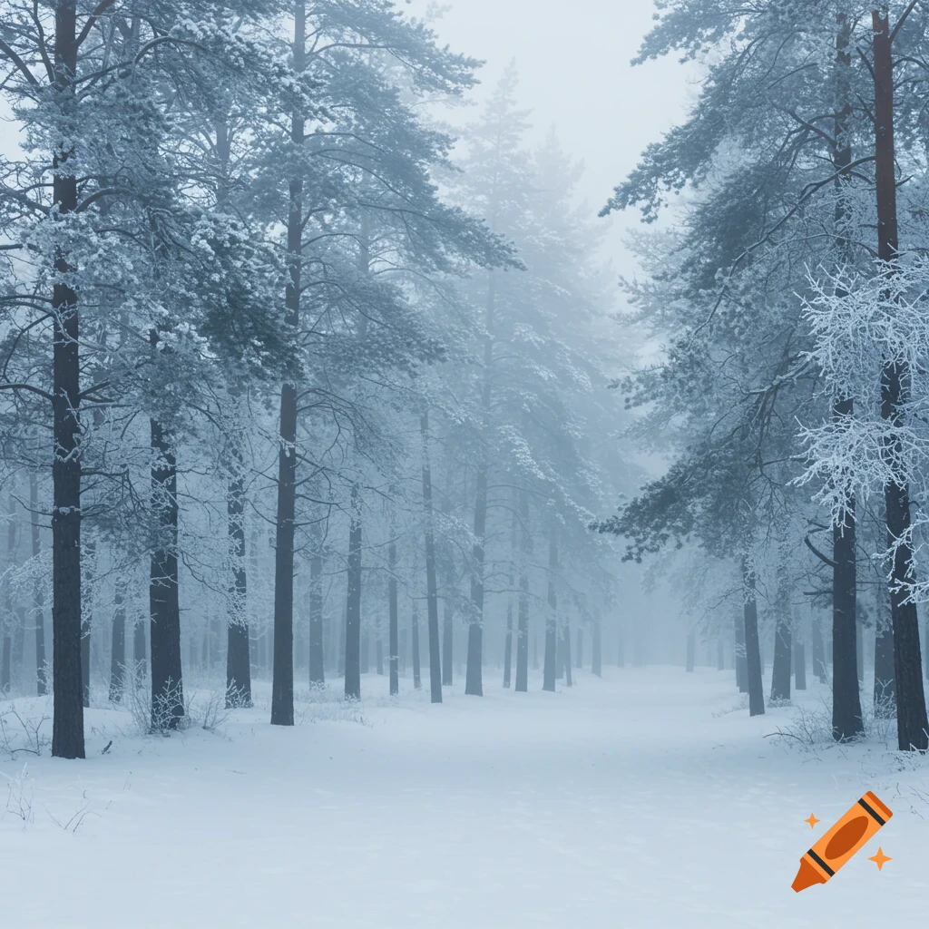 Grainy, foggy, snow-covered winter forest with tall pine trees, creating an unsettling atmosphere.