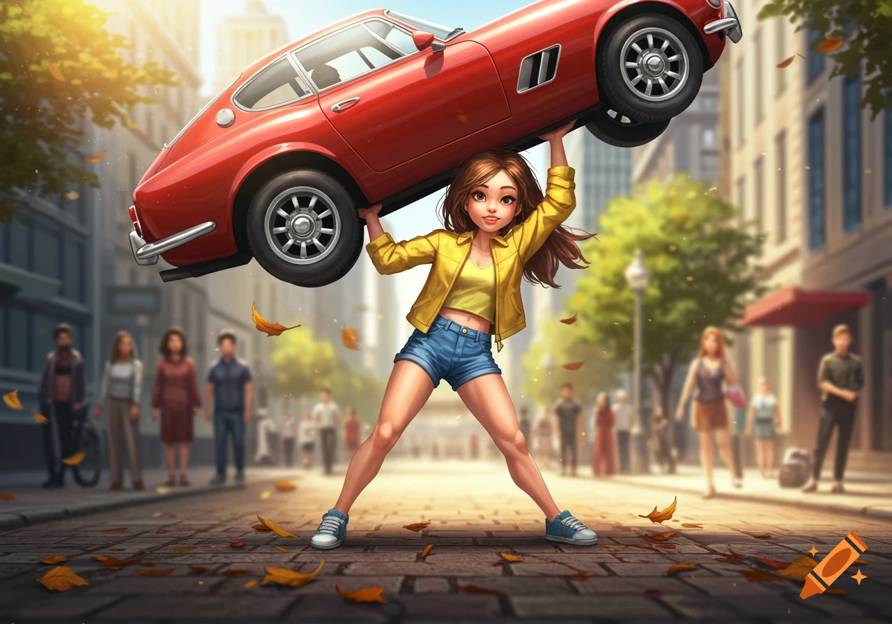 A strong anime girl in a yellow jacket and blue shorts lifts a red classic car over her head on a city street.