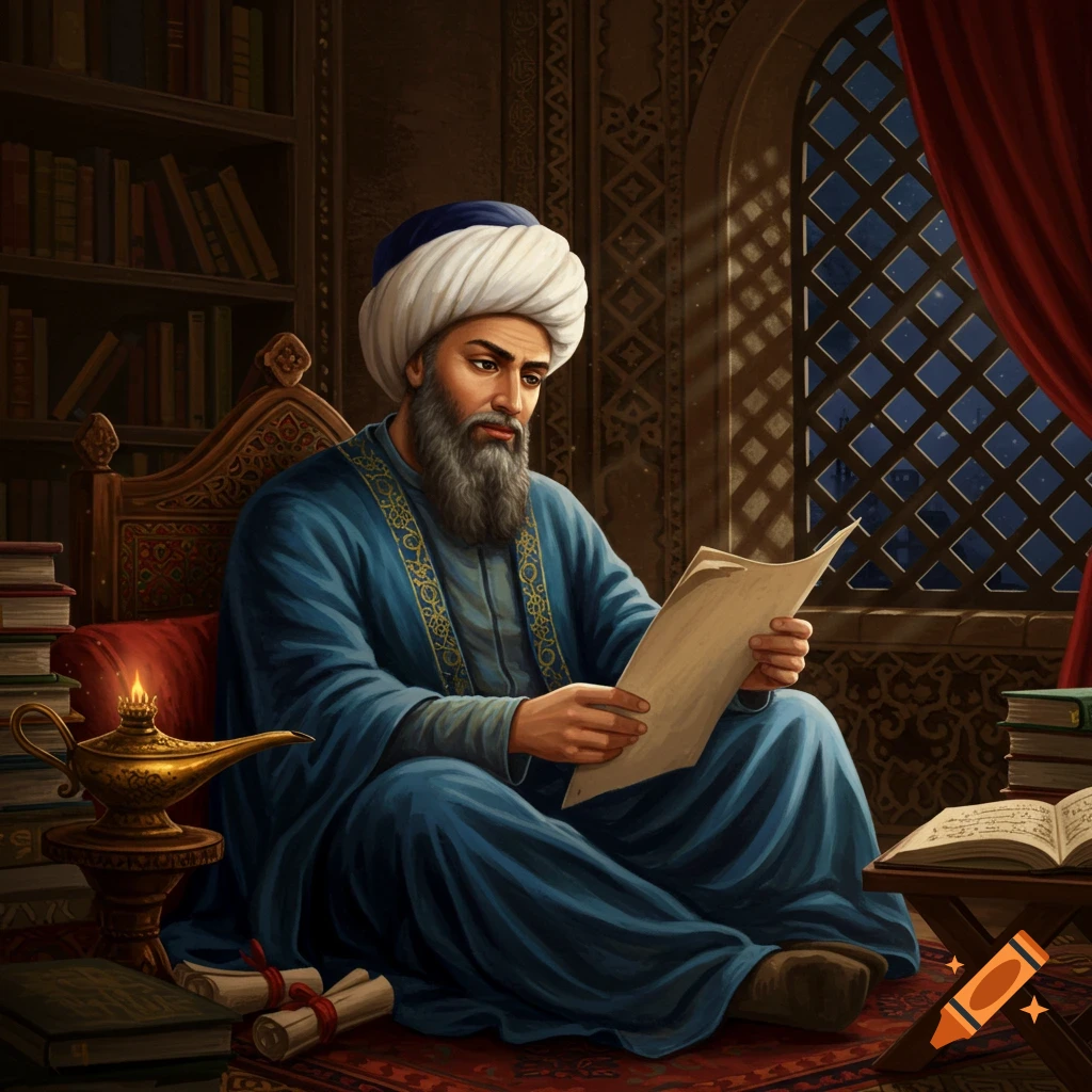 A bearded man in a blue robe and white turban sits on a rug in a library, reading a document by lamp light. Books and scrolls surround him in this classical painting.