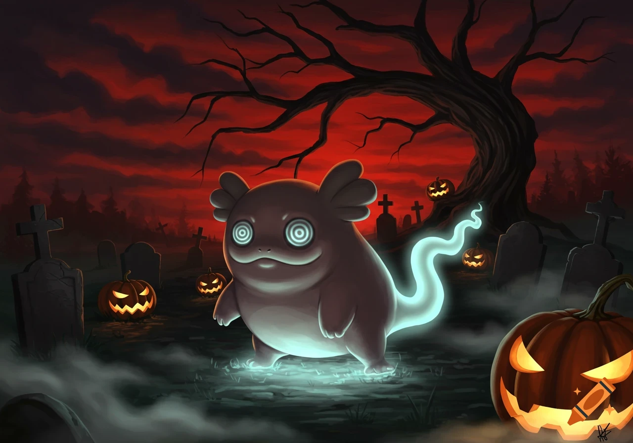 A ghostly, round creature with spiral eyes glows in a misty graveyard with jack-o'-lanterns and a gnarled tree under a red sky.