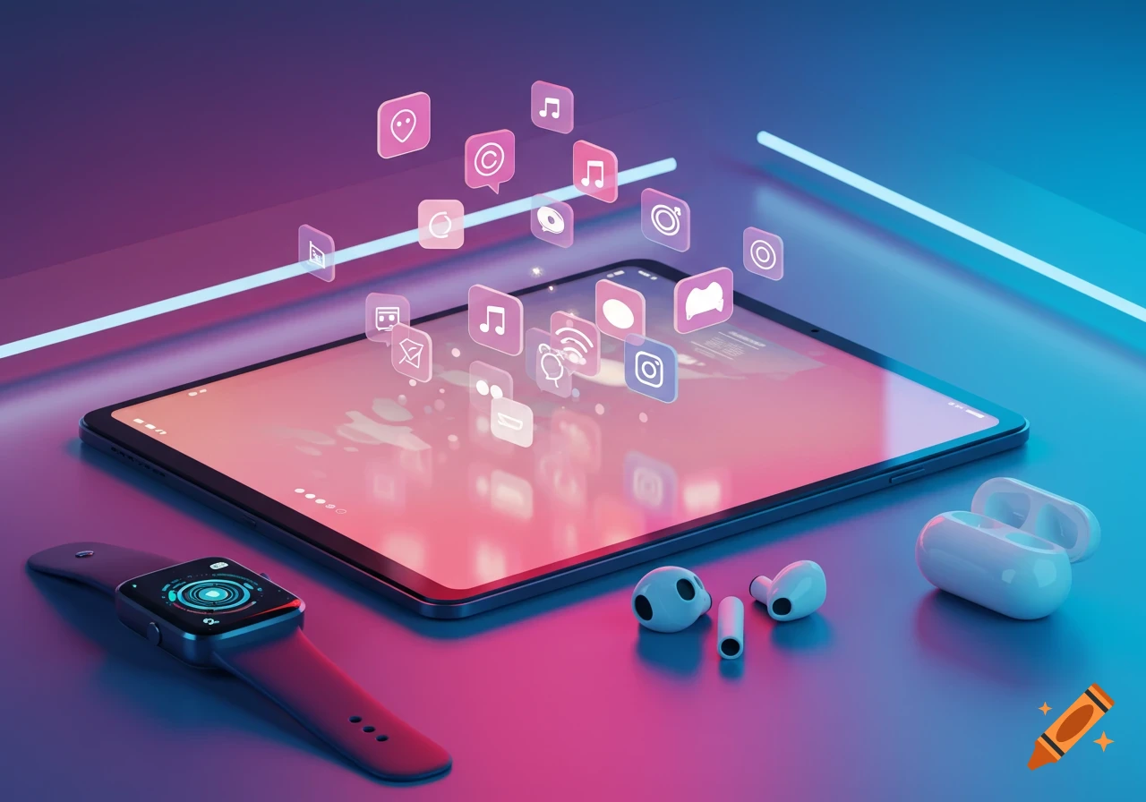 A modern tablet, smartwatch, and wireless earbuds are illuminated by neon pink and blue light, with floating app icons.