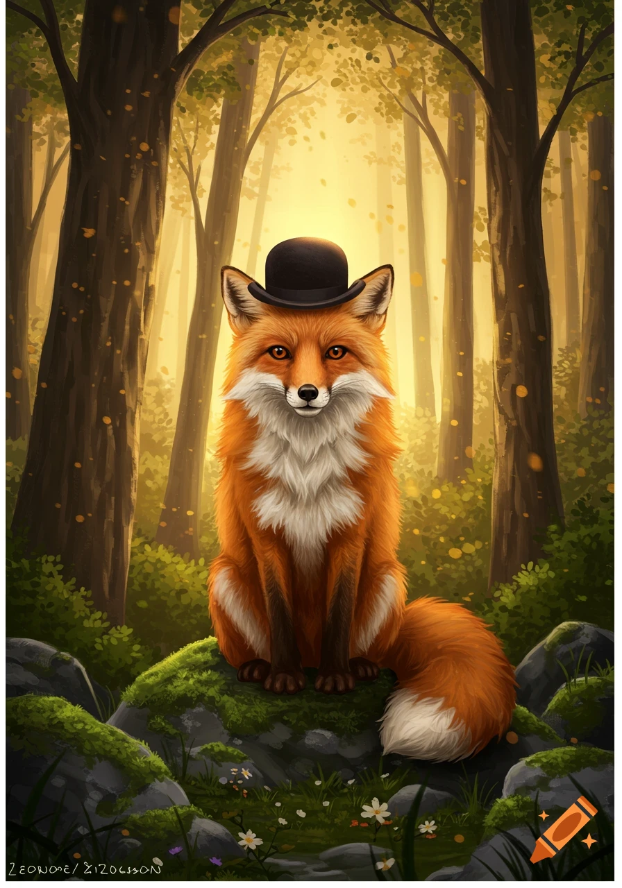 A charming, stylized illustration of an orange fox wearing a black bowler hat, sitting on mossy rocks in a sunlit forest.